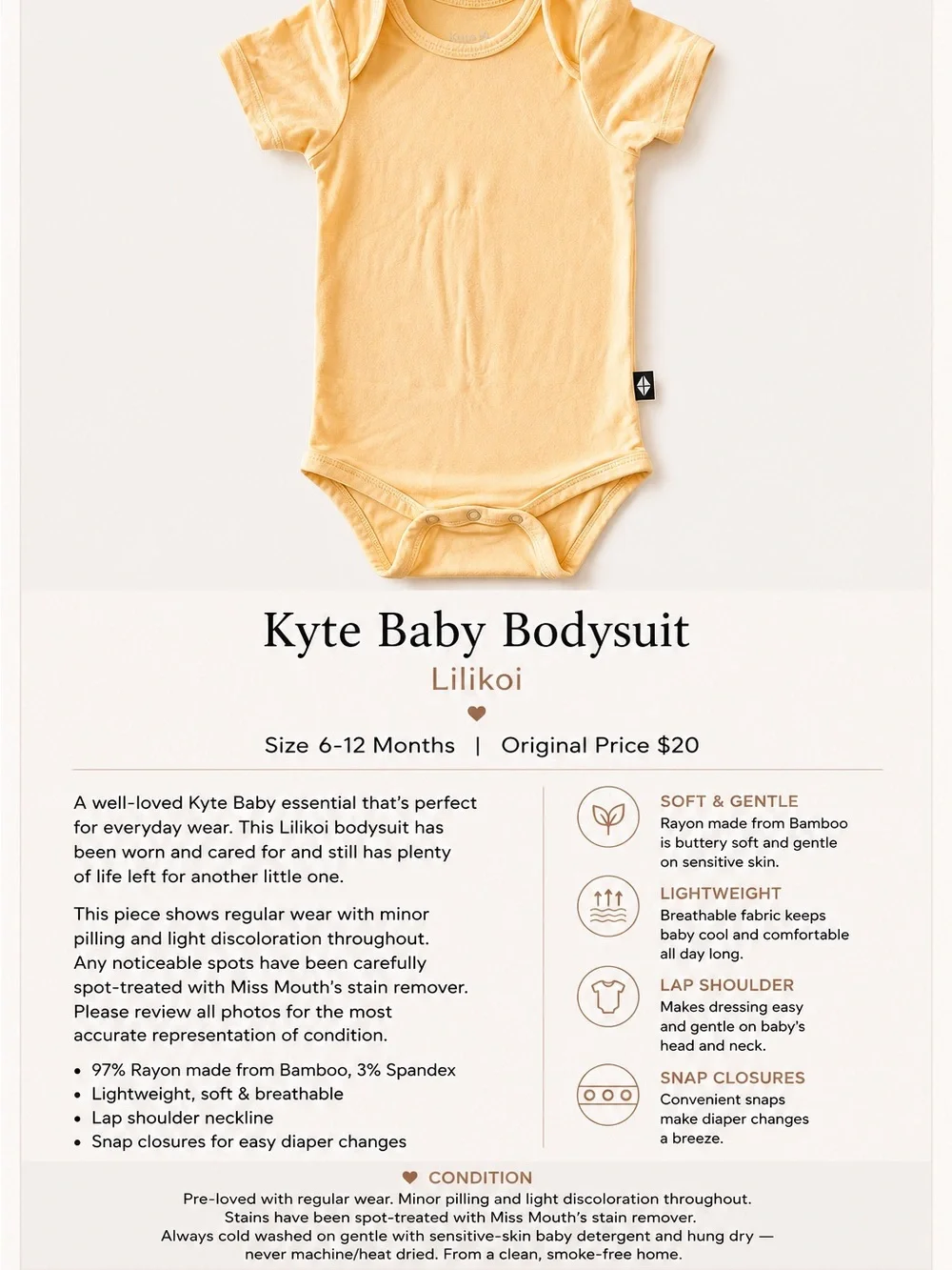 Kyte Baby Lilikoi Bamboo Bodysuit Onesie 6–12M Buttery Yellow